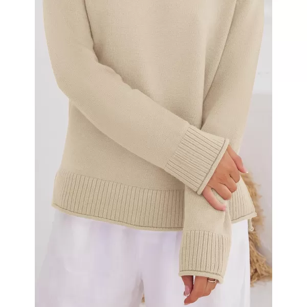imageZESICA Womens 2024 Fall Long Sleeve Crew Neck Soft Knit Side Slit Comfy Loose Pullover Sweater Jumper TopsApricot