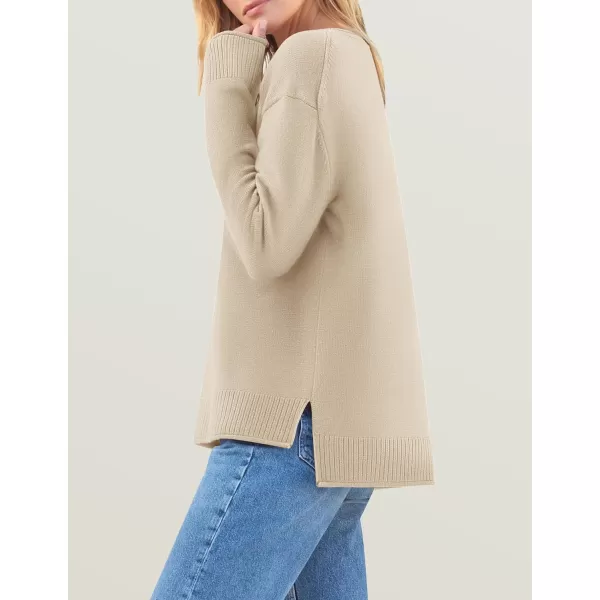 imageZESICA Womens 2024 Fall Long Sleeve Crew Neck Soft Knit Side Slit Comfy Loose Pullover Sweater Jumper TopsApricot