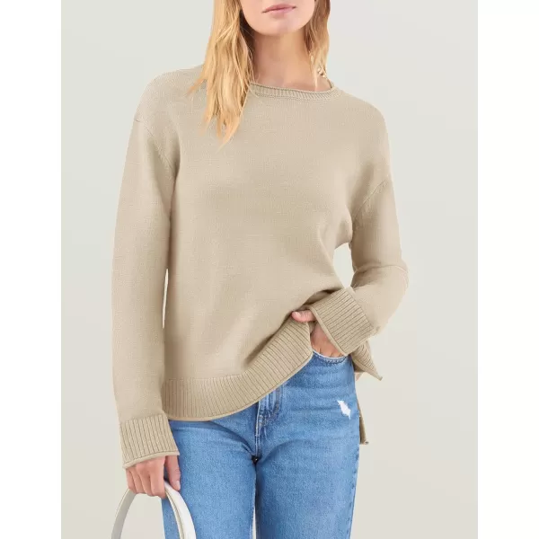 imageZESICA Womens 2024 Fall Long Sleeve Crew Neck Soft Knit Side Slit Comfy Loose Pullover Sweater Jumper TopsApricot