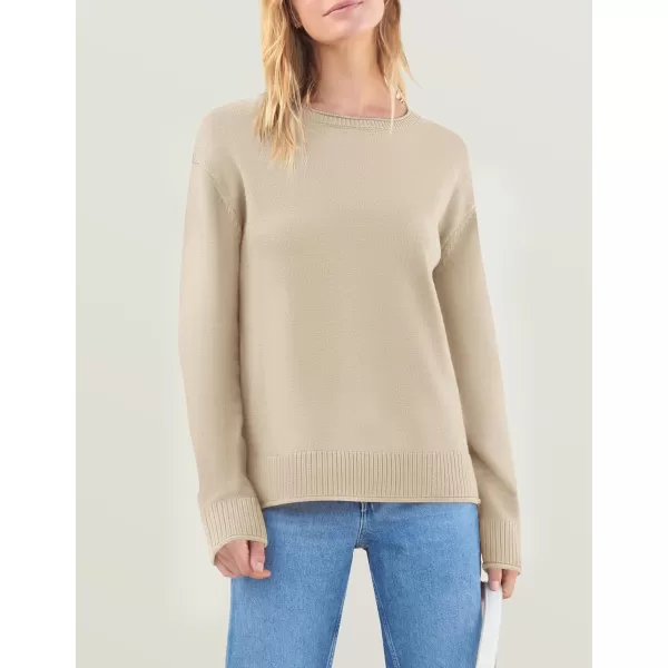 imageZESICA Womens 2024 Fall Long Sleeve Crew Neck Soft Knit Side Slit Comfy Loose Pullover Sweater Jumper TopsApricot
