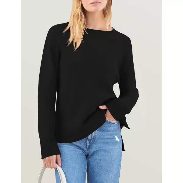imageZESICA Womens 2024 Fall Long Sleeve Crew Neck Soft Knit Side Slit Comfy Loose Pullover Sweater Jumper TopsBlack