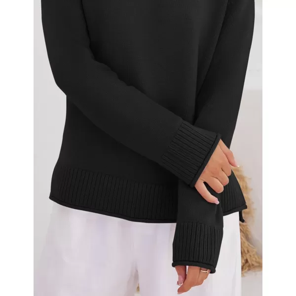 imageZESICA Womens 2024 Fall Long Sleeve Crew Neck Soft Knit Side Slit Comfy Loose Pullover Sweater Jumper TopsBlack