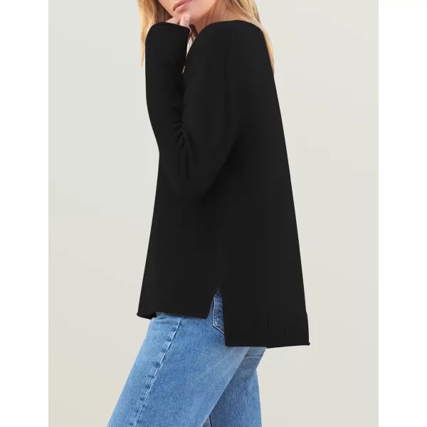 imageZESICA Womens 2024 Fall Long Sleeve Crew Neck Soft Knit Side Slit Comfy Loose Pullover Sweater Jumper TopsBlack
