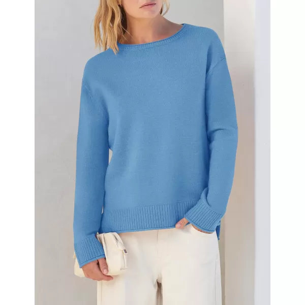 imageZESICA Womens 2024 Fall Long Sleeve Crew Neck Soft Knit Side Slit Comfy Loose Pullover Sweater Jumper TopsBlue