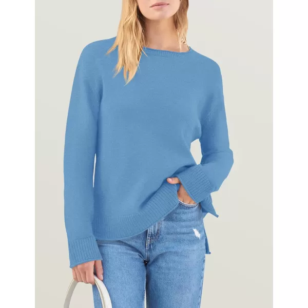 imageZESICA Womens 2024 Fall Long Sleeve Crew Neck Soft Knit Side Slit Comfy Loose Pullover Sweater Jumper TopsBlue