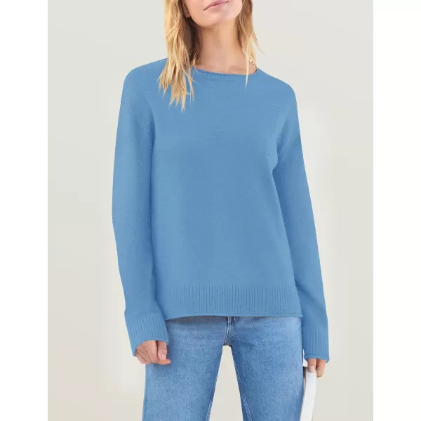 imageZESICA Womens 2024 Fall Long Sleeve Crew Neck Soft Knit Side Slit Comfy Loose Pullover Sweater Jumper TopsBlue