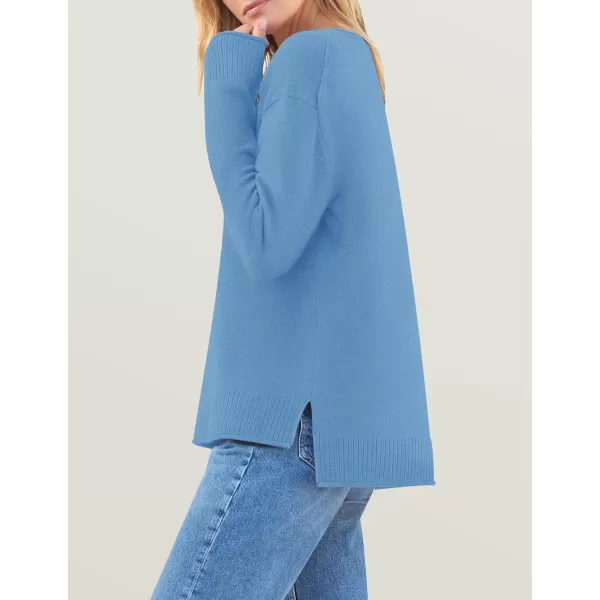 imageZESICA Womens 2024 Fall Long Sleeve Crew Neck Soft Knit Side Slit Comfy Loose Pullover Sweater Jumper TopsBlue