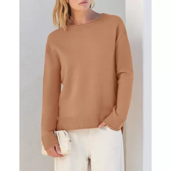 imageZESICA Womens 2024 Fall Long Sleeve Crew Neck Soft Knit Side Slit Comfy Loose Pullover Sweater Jumper TopsCamel