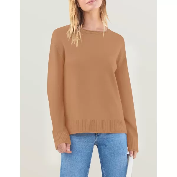 imageZESICA Womens 2024 Fall Long Sleeve Crew Neck Soft Knit Side Slit Comfy Loose Pullover Sweater Jumper TopsCamel