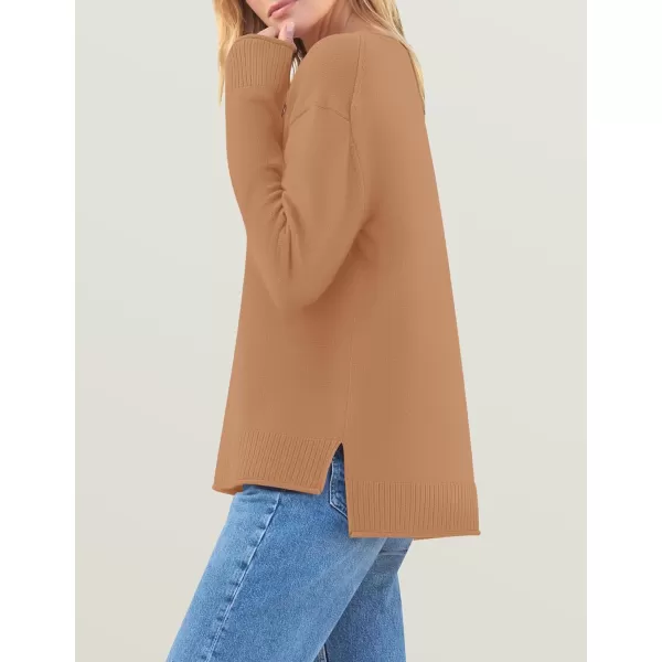 imageZESICA Womens 2024 Fall Long Sleeve Crew Neck Soft Knit Side Slit Comfy Loose Pullover Sweater Jumper TopsCamel