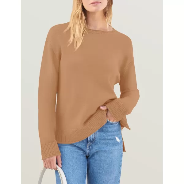 imageZESICA Womens 2024 Fall Long Sleeve Crew Neck Soft Knit Side Slit Comfy Loose Pullover Sweater Jumper TopsCamel