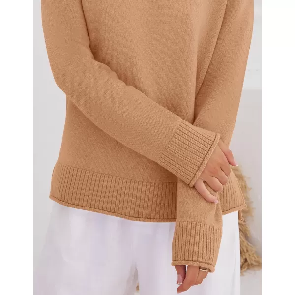 imageZESICA Womens 2024 Fall Long Sleeve Crew Neck Soft Knit Side Slit Comfy Loose Pullover Sweater Jumper TopsCamel