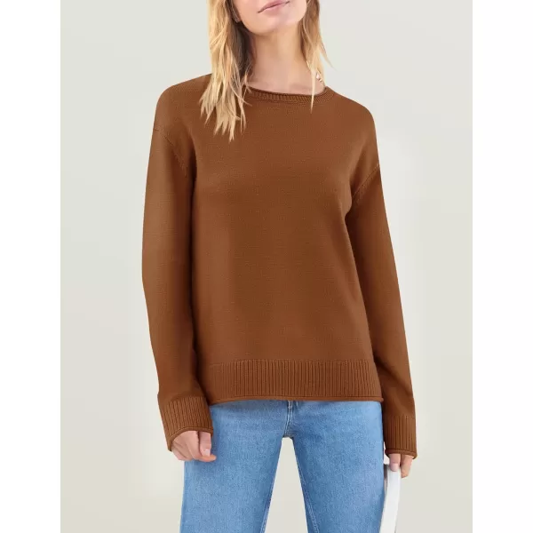 imageZESICA Womens 2024 Fall Long Sleeve Crew Neck Soft Knit Side Slit Comfy Loose Pullover Sweater Jumper TopsCaramel