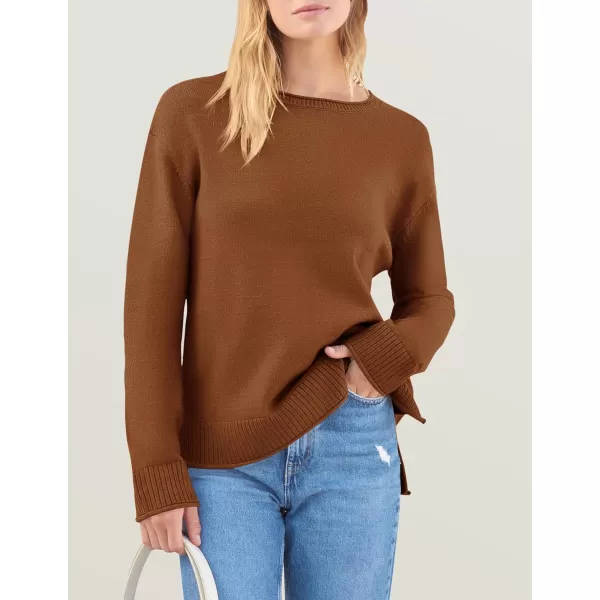 imageZESICA Womens 2024 Fall Long Sleeve Crew Neck Soft Knit Side Slit Comfy Loose Pullover Sweater Jumper TopsCaramel