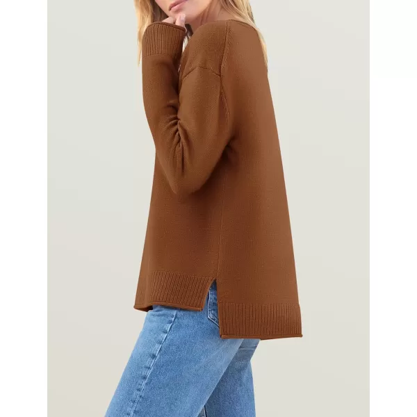 imageZESICA Womens 2024 Fall Long Sleeve Crew Neck Soft Knit Side Slit Comfy Loose Pullover Sweater Jumper TopsCaramel
