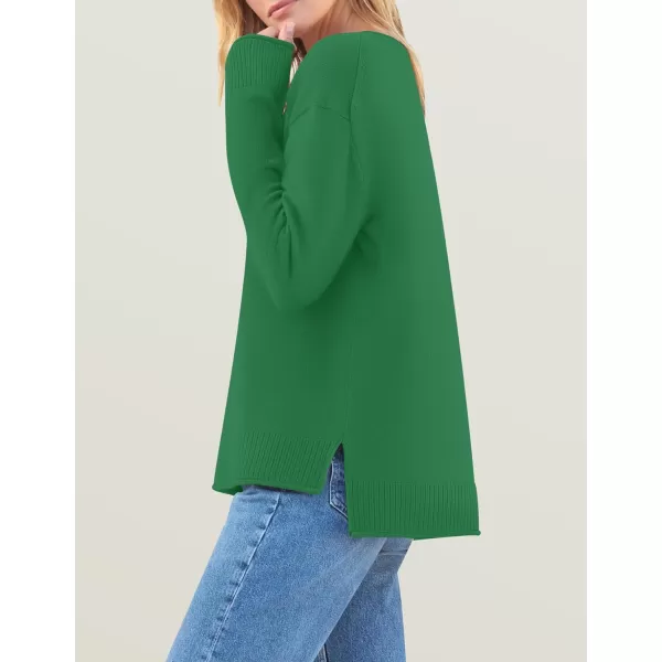 imageZESICA Womens 2024 Fall Long Sleeve Crew Neck Soft Knit Side Slit Comfy Loose Pullover Sweater Jumper TopsGreen