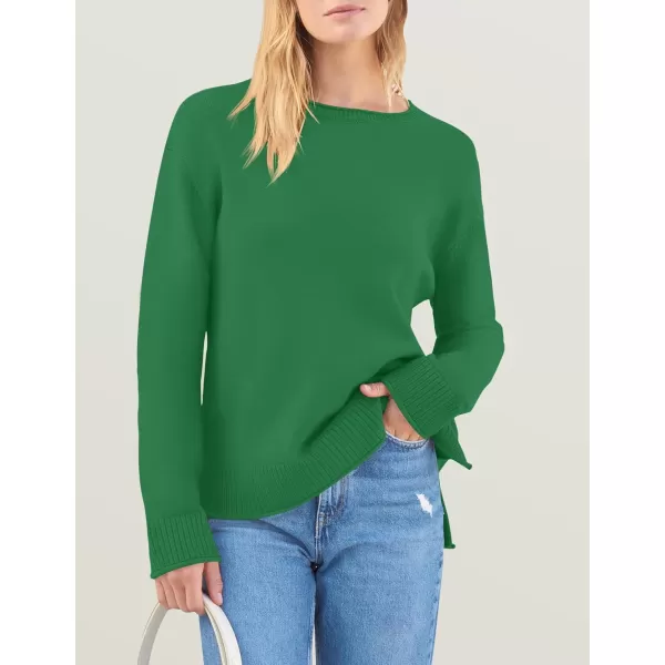 imageZESICA Womens 2024 Fall Long Sleeve Crew Neck Soft Knit Side Slit Comfy Loose Pullover Sweater Jumper TopsGreen