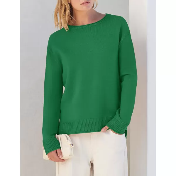 imageZESICA Womens 2024 Fall Long Sleeve Crew Neck Soft Knit Side Slit Comfy Loose Pullover Sweater Jumper TopsGreen