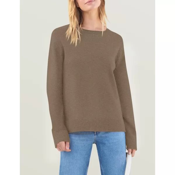 imageZESICA Womens 2024 Fall Long Sleeve Crew Neck Soft Knit Side Slit Comfy Loose Pullover Sweater Jumper TopsMocha