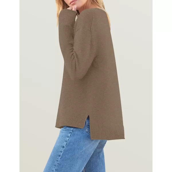 imageZESICA Womens 2024 Fall Long Sleeve Crew Neck Soft Knit Side Slit Comfy Loose Pullover Sweater Jumper TopsMocha
