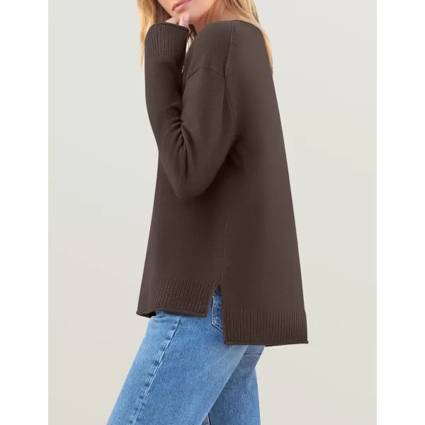 imageZESICA Womens 2024 Fall Long Sleeve Crew Neck Soft Knit Side Slit Comfy Loose Pullover Sweater Jumper TopsNutmeg