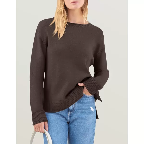 imageZESICA Womens 2024 Fall Long Sleeve Crew Neck Soft Knit Side Slit Comfy Loose Pullover Sweater Jumper TopsNutmeg