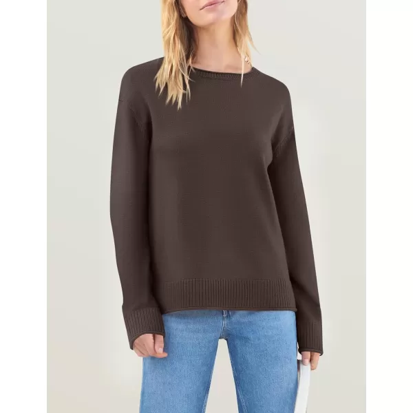 imageZESICA Womens 2024 Fall Long Sleeve Crew Neck Soft Knit Side Slit Comfy Loose Pullover Sweater Jumper TopsNutmeg