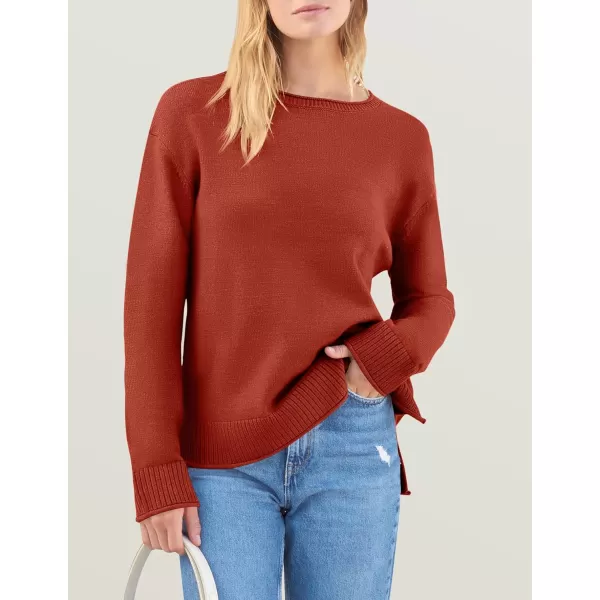 imageZESICA Womens 2024 Fall Long Sleeve Crew Neck Soft Knit Side Slit Comfy Loose Pullover Sweater Jumper TopsOrangered