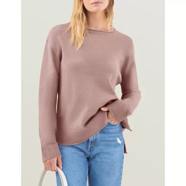 imageZESICA Womens 2024 Fall Long Sleeve Crew Neck Soft Knit Side Slit Comfy Loose Pullover Sweater Jumper TopsPink