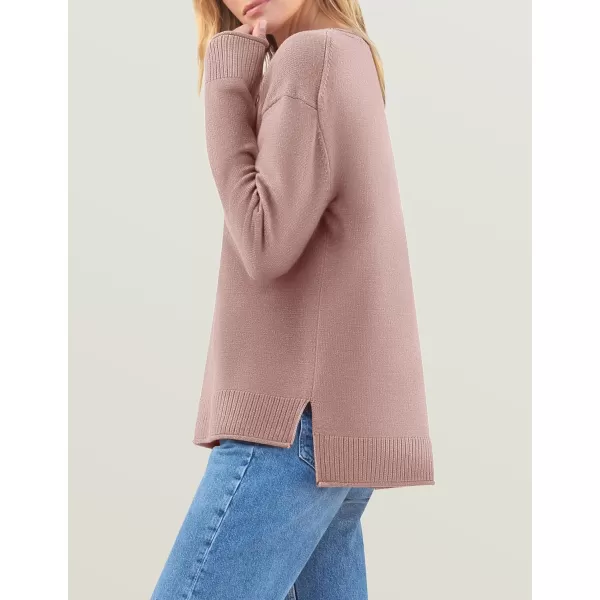 imageZESICA Womens 2024 Fall Long Sleeve Crew Neck Soft Knit Side Slit Comfy Loose Pullover Sweater Jumper TopsPink