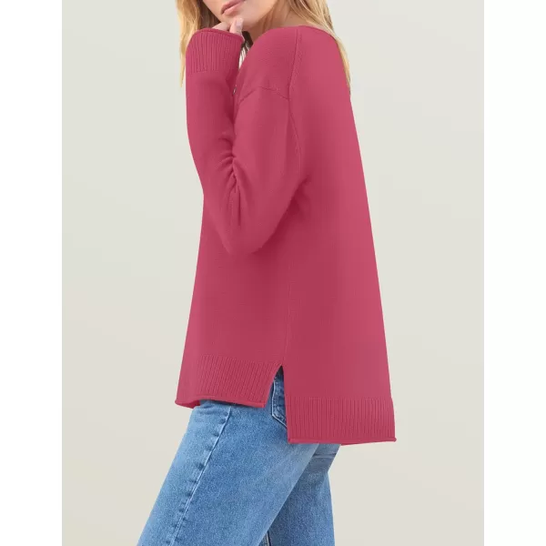 imageZESICA Womens 2024 Fall Long Sleeve Crew Neck Soft Knit Side Slit Comfy Loose Pullover Sweater Jumper TopsRose
