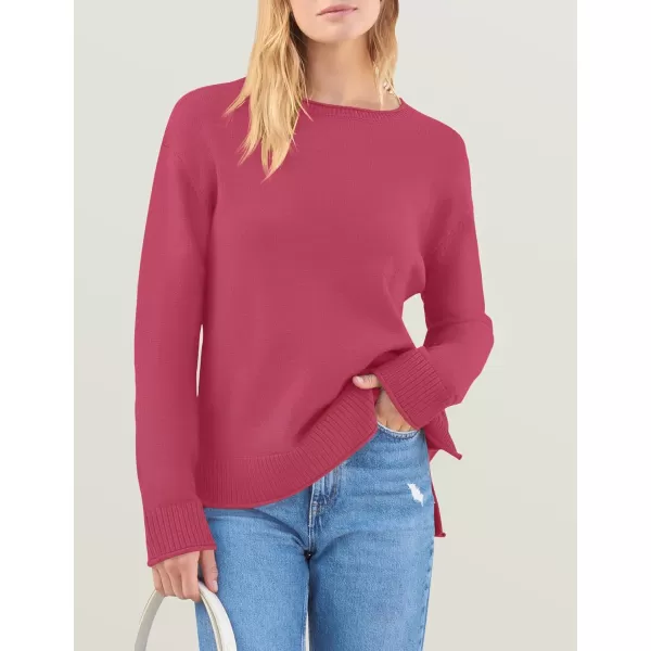 imageZESICA Womens 2024 Fall Long Sleeve Crew Neck Soft Knit Side Slit Comfy Loose Pullover Sweater Jumper TopsRose