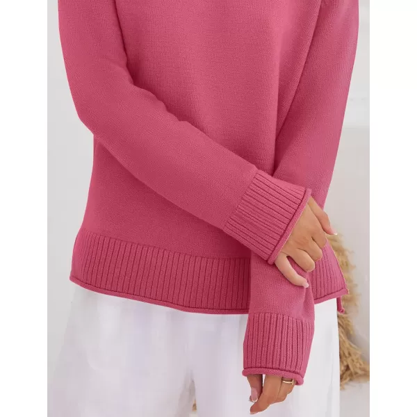 imageZESICA Womens 2024 Fall Long Sleeve Crew Neck Soft Knit Side Slit Comfy Loose Pullover Sweater Jumper TopsRose