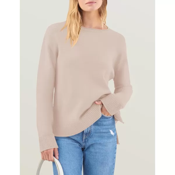 imageZESICA Womens 2024 Fall Long Sleeve Crew Neck Soft Knit Side Slit Comfy Loose Pullover Sweater Jumper TopsSand