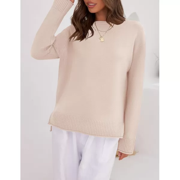 imageZESICA Womens 2024 Fall Long Sleeve Crew Neck Soft Knit Side Slit Comfy Loose Pullover Sweater Jumper TopsSand