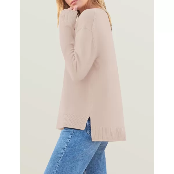 imageZESICA Womens 2024 Fall Long Sleeve Crew Neck Soft Knit Side Slit Comfy Loose Pullover Sweater Jumper TopsSand