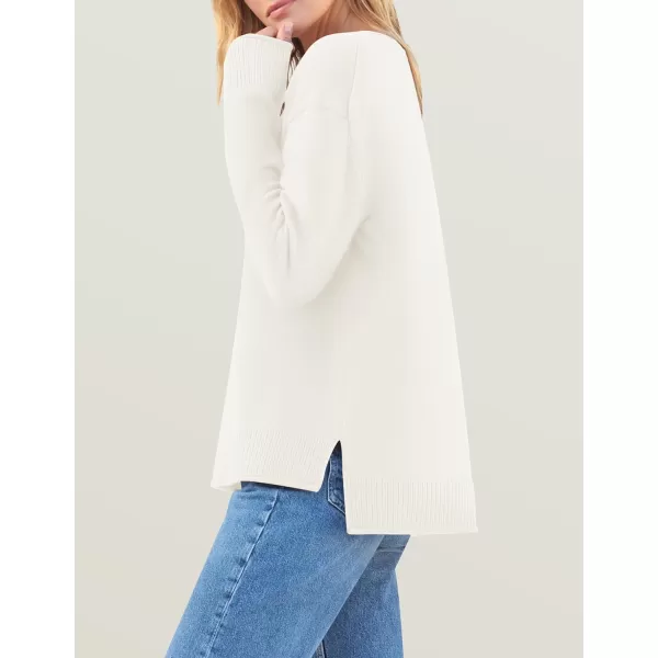 imageZESICA Womens 2024 Fall Long Sleeve Crew Neck Soft Knit Side Slit Comfy Loose Pullover Sweater Jumper TopsWhite
