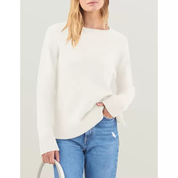 imageZESICA Womens 2024 Fall Long Sleeve Crew Neck Soft Knit Side Slit Comfy Loose Pullover Sweater Jumper TopsWhite
