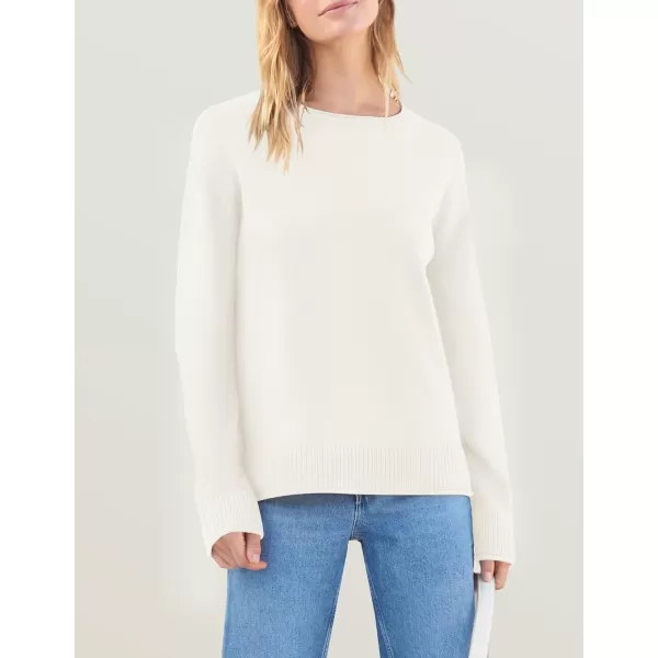 imageZESICA Womens 2024 Fall Long Sleeve Crew Neck Soft Knit Side Slit Comfy Loose Pullover Sweater Jumper TopsWhite