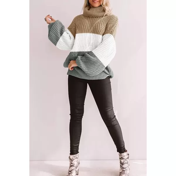 imageZESICA Womens 2024 Fall Long Sleeve Turtleneck Chunky Knit Loose Oversized Sweater Pullover Jumper TopsLightkhaki