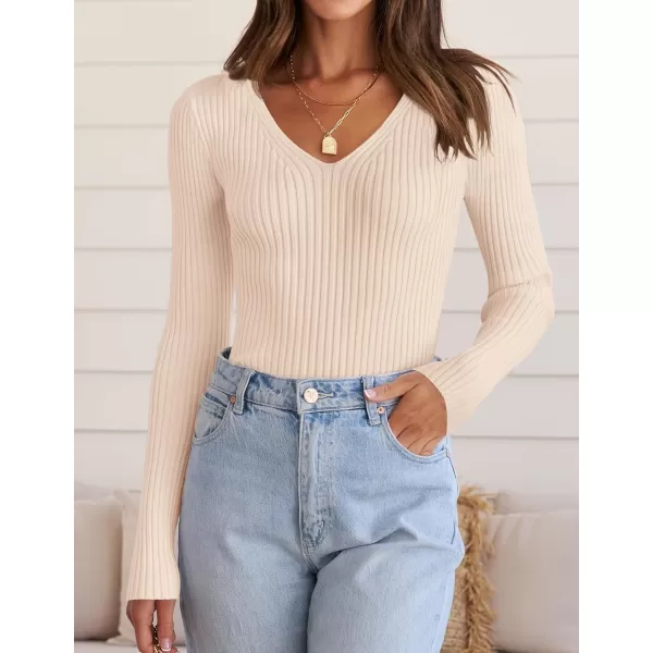 imageZESICA Womens 2024 Fall Long Sleeve V Neck T Shirts Ribbed Knit Sweater Slim Fit Solid Basic Casual Tee TopsApricot