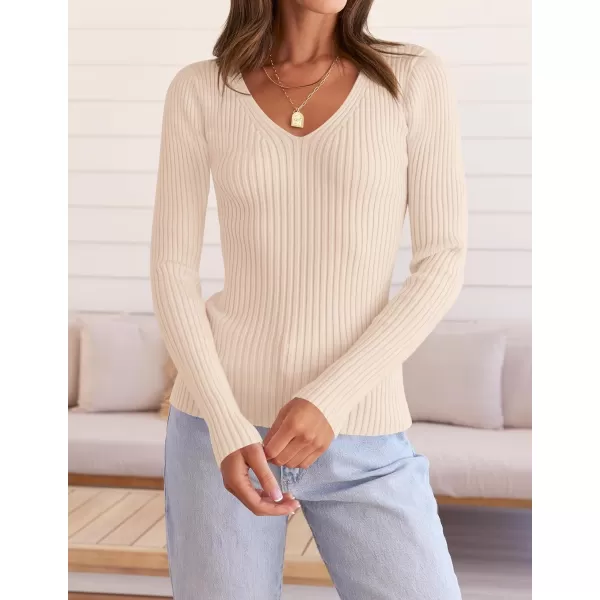 imageZESICA Womens 2024 Fall Long Sleeve V Neck T Shirts Ribbed Knit Sweater Slim Fit Solid Basic Casual Tee TopsApricot