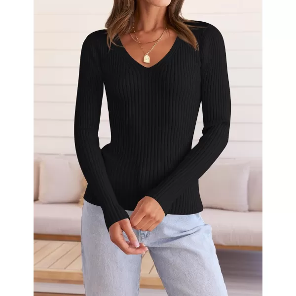 imageZESICA Womens 2024 Fall Long Sleeve V Neck T Shirts Ribbed Knit Sweater Slim Fit Solid Basic Casual Tee TopsBlack