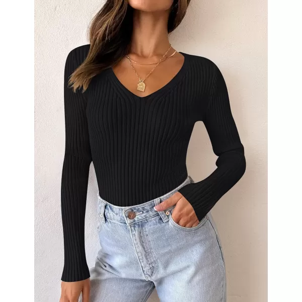 imageZESICA Womens 2024 Fall Long Sleeve V Neck T Shirts Ribbed Knit Sweater Slim Fit Solid Basic Casual Tee TopsBlack