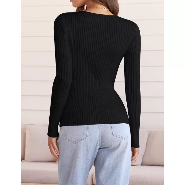 imageZESICA Womens 2024 Fall Long Sleeve V Neck T Shirts Ribbed Knit Sweater Slim Fit Solid Basic Casual Tee TopsBlack