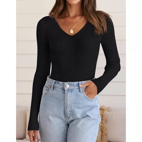 imageZESICA Womens 2024 Fall Long Sleeve V Neck T Shirts Ribbed Knit Sweater Slim Fit Solid Basic Casual Tee TopsBlack