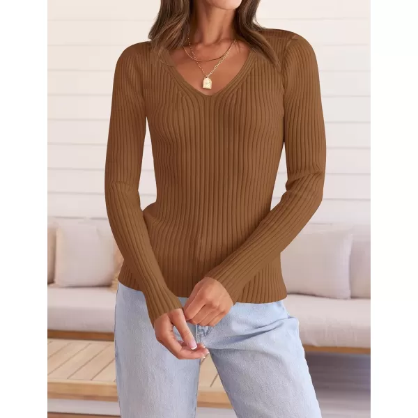 imageZESICA Womens 2024 Fall Long Sleeve V Neck T Shirts Ribbed Knit Sweater Slim Fit Solid Basic Casual Tee TopsBrown