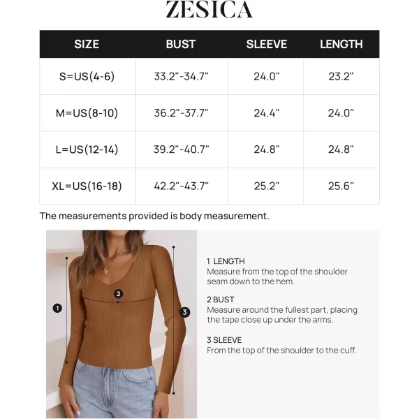 imageZESICA Womens 2024 Fall Long Sleeve V Neck T Shirts Ribbed Knit Sweater Slim Fit Solid Basic Casual Tee TopsBrown