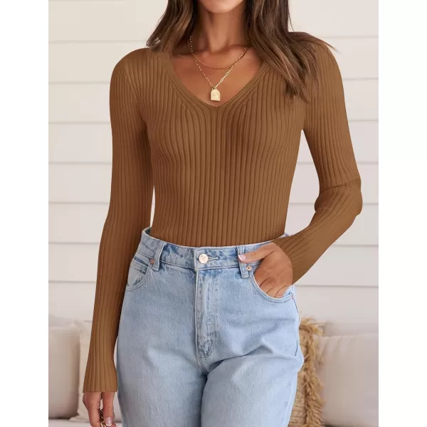imageZESICA Womens 2024 Fall Long Sleeve V Neck T Shirts Ribbed Knit Sweater Slim Fit Solid Basic Casual Tee TopsBrown