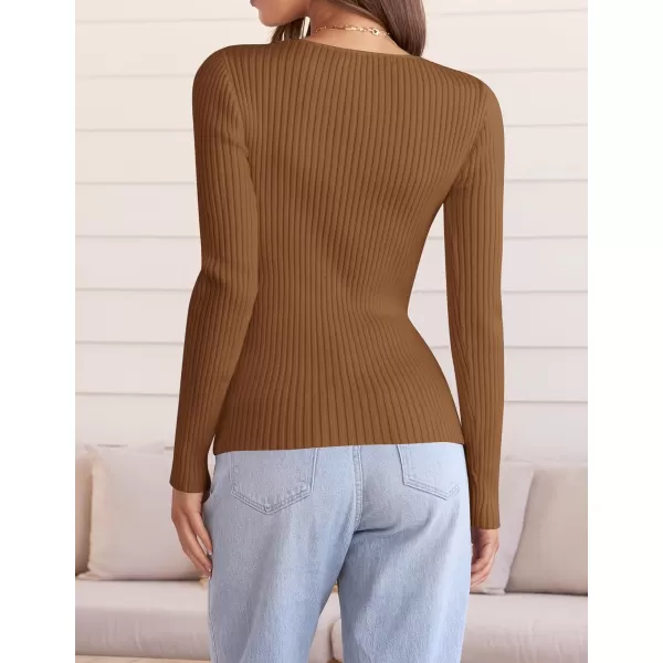 imageZESICA Womens 2024 Fall Long Sleeve V Neck T Shirts Ribbed Knit Sweater Slim Fit Solid Basic Casual Tee TopsBrown